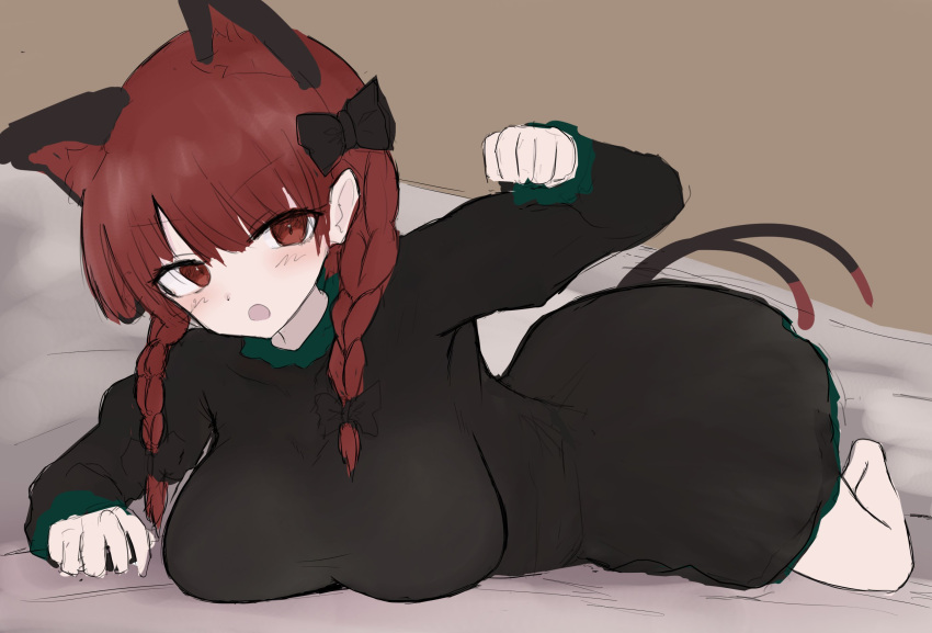 1girl animal_ears black_bow bow braid breasts cat_ears cat_girl cat_tail commentary_request extra_ears full_body hair_bow highres kaenbyou_rin large_breasts looking_at_viewer moriforest1040 multiple_tails red_eyes red_hair side_braids solo tail touhou twin_braids two_tails