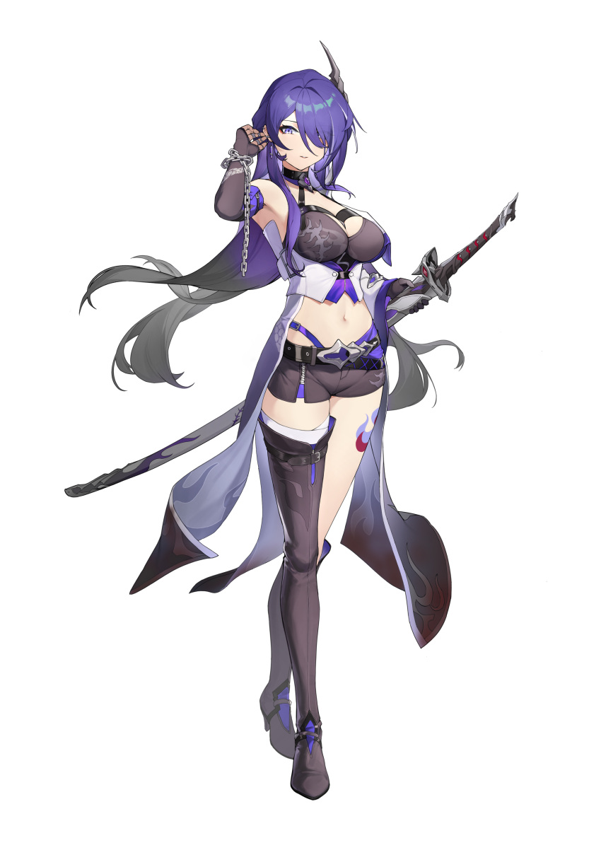 1girl absurdres acheron_(honkai:_star_rail) arm_up asymmetrical_footwear bandages black_choker black_gloves black_shorts boots breasts chain choker cleavage coat coattails commentary_request detached_sleeves earrings full_body gloves hair_over_one_eye highres holding holding_sword holding_weapon honkai:_star_rail honkai_(series) jewelry large_breasts leg_tattoo long_hair midriff navel purple_eyes purple_hair scabbard sheath sheathed short_shorts shorts single_bare_shoulder single_earring solo standing stomach sword tattoo thigh_boots weapon white_background white_coat yukari_(user_tsrs4747)