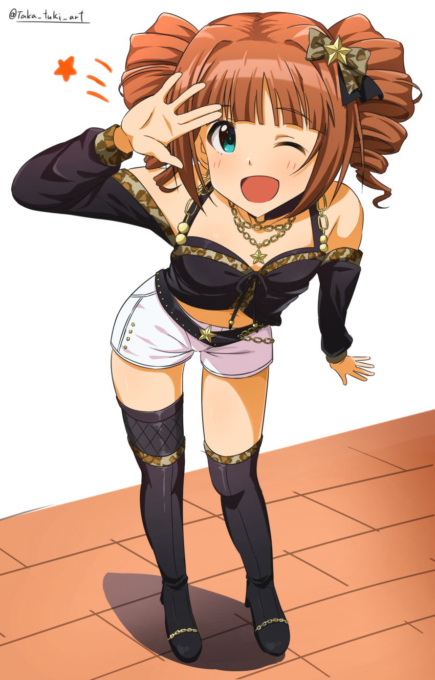 1girl absurdres asymmetrical_legwear blue_eyes blush boots bow breasts brown_hair crop_top drill_hair full_body hair_bow highres idolmaster idolmaster_(classic) jewelry leaning_forward looking_at_viewer necklace one_eye_closed open_mouth short_shorts shorts small_breasts smile solo takatsuki_p takatsuki_yayoi thigh_boots twin_drills uneven_legwear