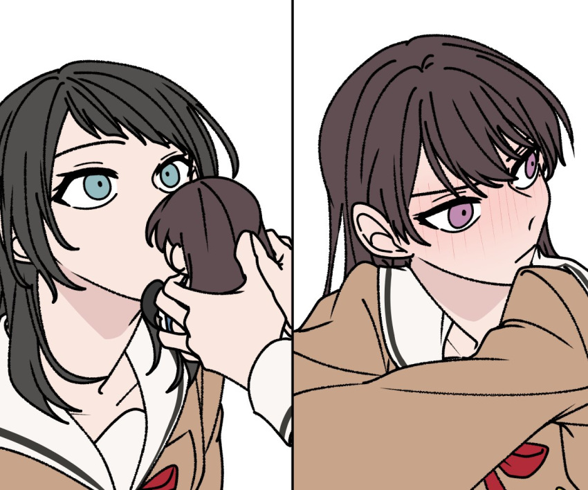 2girls a_jak bang_dream! bang_dream!_it's_mygo!!!!! black_hair blue_eyes blush brown_dress brown_hair closed_mouth commentary_request dress embarrassed hanasakigawa_school_uniform kissing_object korean_commentary long_hair long_sleeves looking_at_another multiple_girls purple_eyes sailor_collar school_uniform shiina_taki simple_background white_background white_sailor_collar yahata_umiri yuri