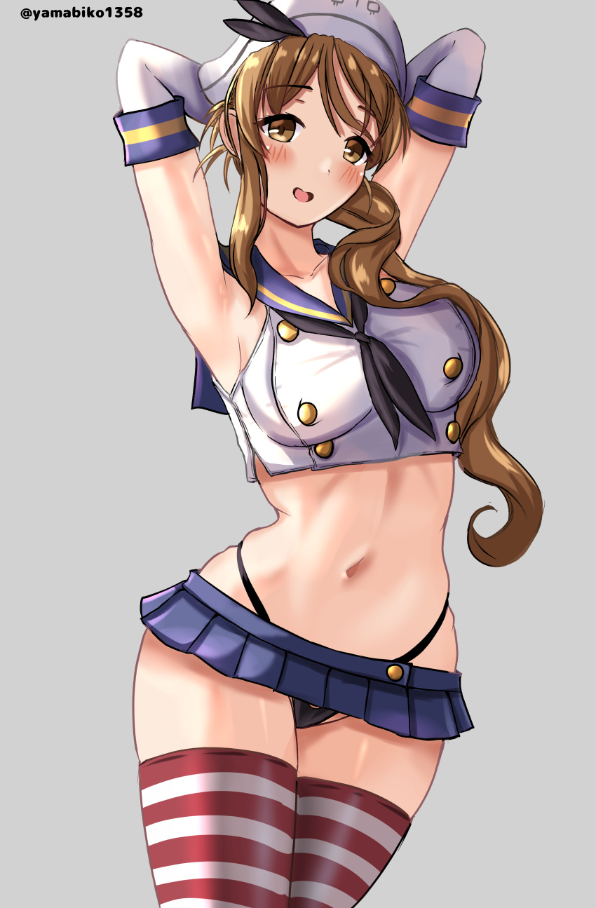 1girl absurdres arms_behind_head black_hairband black_neckerchief black_panties blue_sailor_collar blue_skirt blush breasts brown_eyes brown_hair cosplay cowboy_shot crop_top elbow_gloves gloves gradient_background grey_background hair_between_eyes hairband highleg highleg_panties highres kantai_collection large_breasts littorio_(kancolle) looking_at_viewer microskirt mizuki_(uzuki_no_sato) neckerchief one-hour_drawing_challenge panties sailor_collar shimakaze_(kancolle) shimakaze_(kancolle)_(cosplay) skirt solo striped_clothes striped_thighhighs thighhighs twitter_username underwear wavy_hair