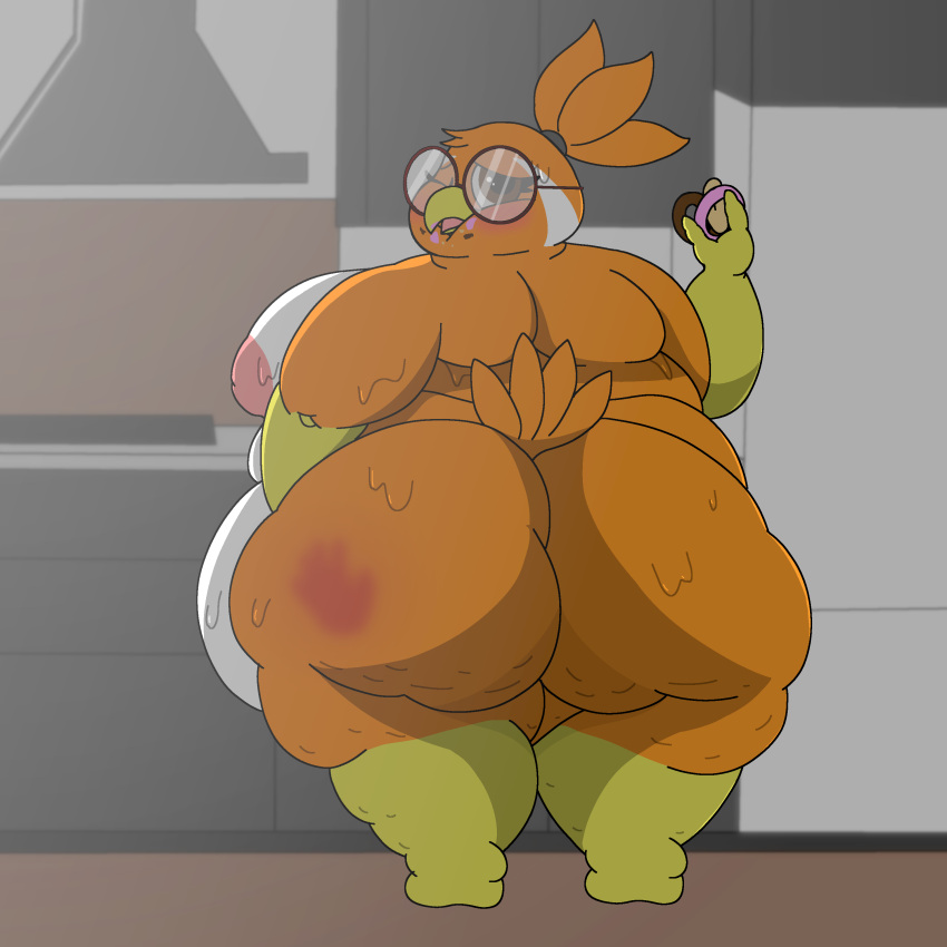 1:1 absurd_res anthro areola avian avian_(starbound) back_fat back_rolls beak belly big_belly big_breasts big_butt bird blush bodily_fluids breasts brown_eyes butt cellulite chubby_cheeks cookie-pone cuia dessert doughnut eyewear feathers female food glasses hi_res huge_belly huge_butt huge_thighs inverted_nipples kitchen messy_eater morbidly_obese morbidly_obese_anthro morbidly_obese_female nipples obese obese_anthro obese_female orange_body orange_feathers overweight overweight_anthro overweight_female slap_mark solo starbound sweat sweaty_butt tail tail_feathers thick_thighs white_body white_feathers wide_hips