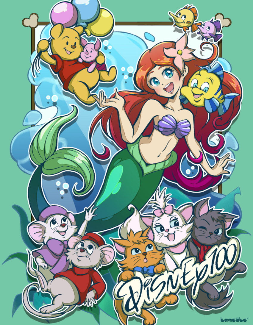 ame_(tameste) anniversary ariel_(disney) balloon berlioz_(disney) bernard_(disney) blue_bow blue_eyes bow cat disney disney_princess fish flounder_(the_little_mermaid) flower hair_flower hair_ornament hat highres holding holding_balloon kitten marie_(the_aristocats) mermaid miss_bianca monster_girl mouse open_mouth piglet_(winnie_the_pooh) pink_bow pink_flower pooh red_hair smile the_aristocats the_rescuers toulouse_(disney) winnie_the_pooh