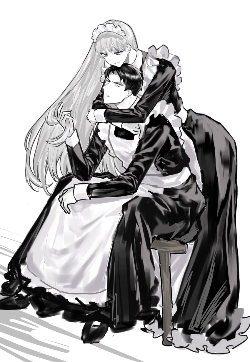 1boy 1girl angelica_(project_moon) apron black_dress black_eyes black_hair blue_eyes closed_mouth dress full_body highres holding_another's_hair hug hug_from_behind husband_and_wife library_of_ruina long_hair long_sleeves maid maid_headdress orururuu parted_bangs project_moon roland_(project_moon) sitting smile very_long_hair white_apron white_hair