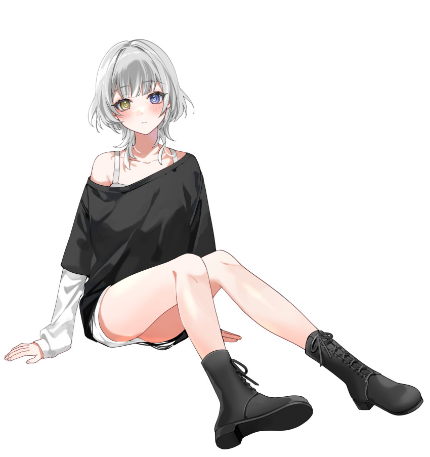 1girl ankle_boots arms_at_sides bang_dream! bang_dream!_it's_mygo!!!!! black_footwear black_shirt blue_eyes blunt_bangs blush boots closed_mouth collarbone cross-laced_footwear full_body grey_hair heterochromia highres kaname_raana knees_together_feet_apart knees_up lace-up_boots layered_sleeves long_shirt long_sleeves looking_at_viewer medium_hair off-shoulder_shirt off_shoulder roko_(pe0e07) shirt shoe_soles short_sleeves simple_background single_bare_shoulder sitting sleeves_past_wrists solo undershirt white_background white_shirt yellow_eyes