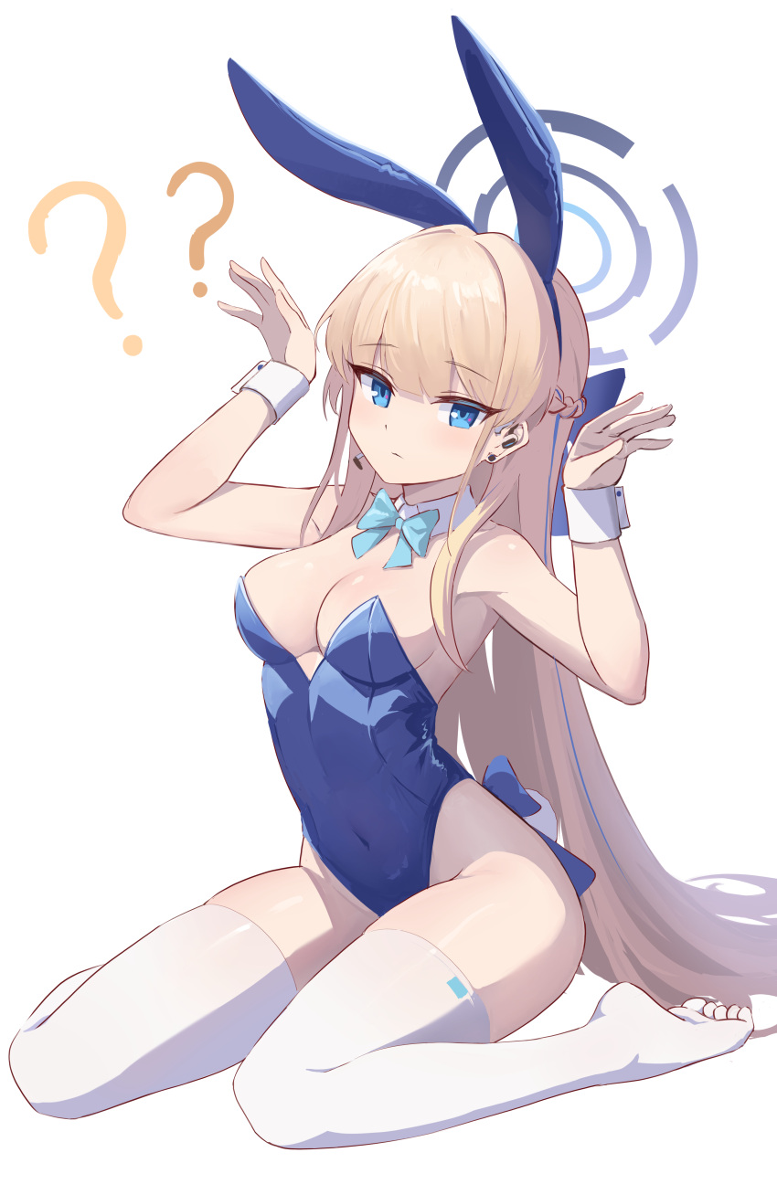 1girl ? ?? absurdres animal_ear_hairband animal_ears aqua_bow aqua_bowtie blonde_hair blue_archive blue_eyes blue_hairband blue_halo blue_leotard bow bowtie breasts closed_mouth commentary detached_collar earpiece fake_animal_ears fake_tail full_body hairband halo hands_up highleg highleg_leotard highres hirotaka0125 leotard long_hair looking_at_viewer medium_breasts official_alternate_costume playboy_bunny rabbit_ears rabbit_pose rabbit_tail sitting solo strapless strapless_leotard tail thighhighs toki_(blue_archive) toki_(bunny)_(blue_archive) very_long_hair wariza white_thighhighs white_wrist_cuffs wrist_cuffs