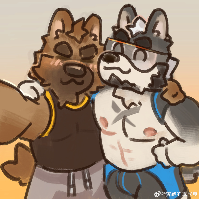2boys :3 =_= ^_^ abs absurdres animal_ears bara beenic brown_fur closed_eyes deformed dog_boy dog_ears friends furry furry_male goggles gyee highres huge_eyebrows large_pectorals lei_ge_nagol male_focus mature_male multiple_boys muscular muscular_male nipples original pants pectorals second-party_source short_hair thick_eyebrows