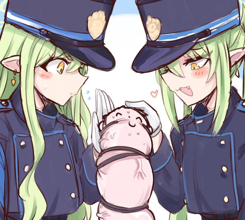 2girls animal_ears black_hat black_jacket blue_archive blush_stickers closed_mouth doodle_sensei_(blue_archive) fang flying_sweatdrops gloves green_hair hair_between_eyes hat heart jacket long_hair long_sleeves multiple_girls open_mouth peaked_cap sensei_(blue_archive) shiming_liangjing smile white_background white_gloves yellow_eyes
