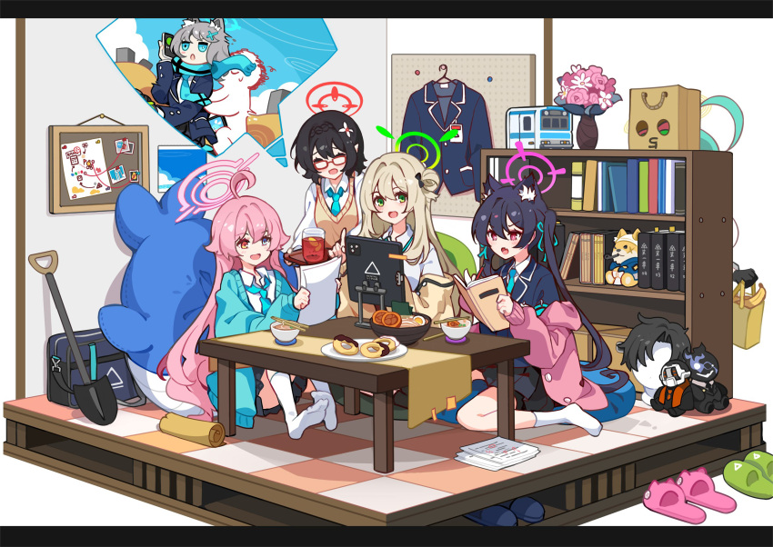 1boy 6+girls ahoge animal_ear_fluff animal_ears ayane_(blue_archive) banana black_hair black_jacket black_suit_(blue_archive) blazer blue_archive blue_eyes blue_halo blue_necktie blue_scarf blush book bowl cat_ears character_doll chocolate_doughnut chopsticks closed_eyes collared_shirt cross_hair_ornament cup doodle_sensei_(blue_archive) doughnut drinking_glass extra_ears food foreclosure_task_force_(blue_archive) fruit green_eyes green_halo grey_hair hair_between_eyes hair_ornament halo heterochromia hiding highres holding holding_tray hoshino_(blue_archive) ideolo jacket kaiser_ceo_(blue_archive) lemon lemon_slice light_brown_hair long_hair long_sleeves master_shiba_(blue_archive) medium_hair multiple_girls necktie nonomi_(blue_archive) noodles open_clothes open_jacket open_mouth pink_hair pink_halo pointy_ears ramen red_eyes red_halo scarf sensei_(blue_archive) serika_(blue_archive) shiroko_(blue_archive) shirt short_hair shovel smile socks table tea tray twintails white_shirt white_socks wolf_ears yellow_eyes yellow_jacket yume_(blue_archive)