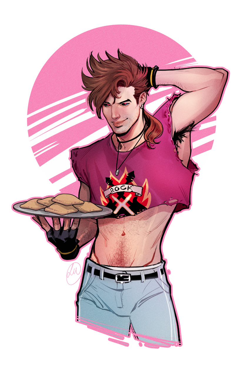 1boy absurdres arm_behind_back armpit_hair armpits body_hair cowboy_shot denim fingerless_gloves gambit gloves hairy highres jeans long_hair lukas_werneck male_focus marvel midriff muscular muscular_male pants pectorals pizza_rolls portuguese_commentary red_hair simple_background solo tray x-men x-men:_the_animated_series x-men:_the_animated_series_97