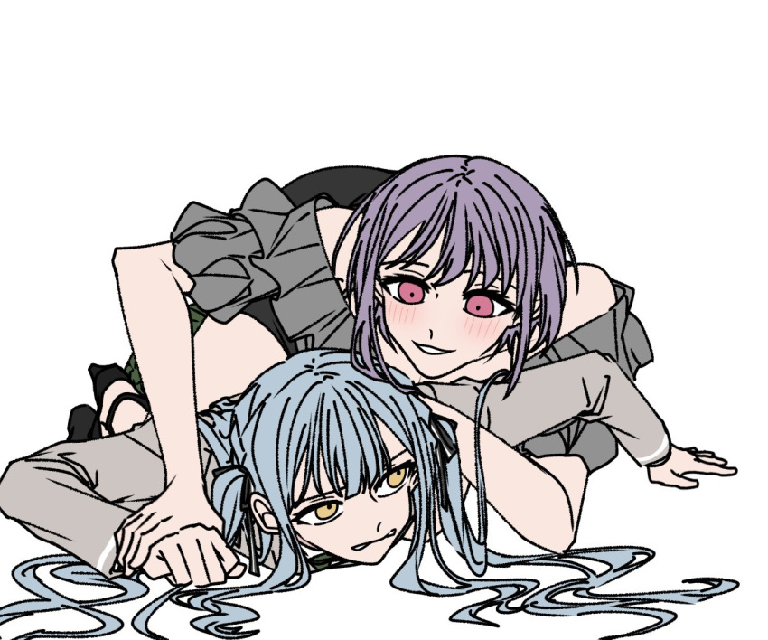 2girls a_jak bang_dream! bang_dream!_it's_mygo!!!!! black_ribbon blue_hair blush commentary_request frilled_shirt frills grey_jacket grey_shirt hair_ribbon haneoka_school_uniform jacket korean_commentary long_sleeves lying multiple_girls off-shoulder_shirt off_shoulder on_stomach parted_lips pink_eyes pinned purple_hair ribbon school_uniform shirt short_hair simple_background smile togawa_sakiko white_background yellow_eyes yuri yuutenji_nyamu