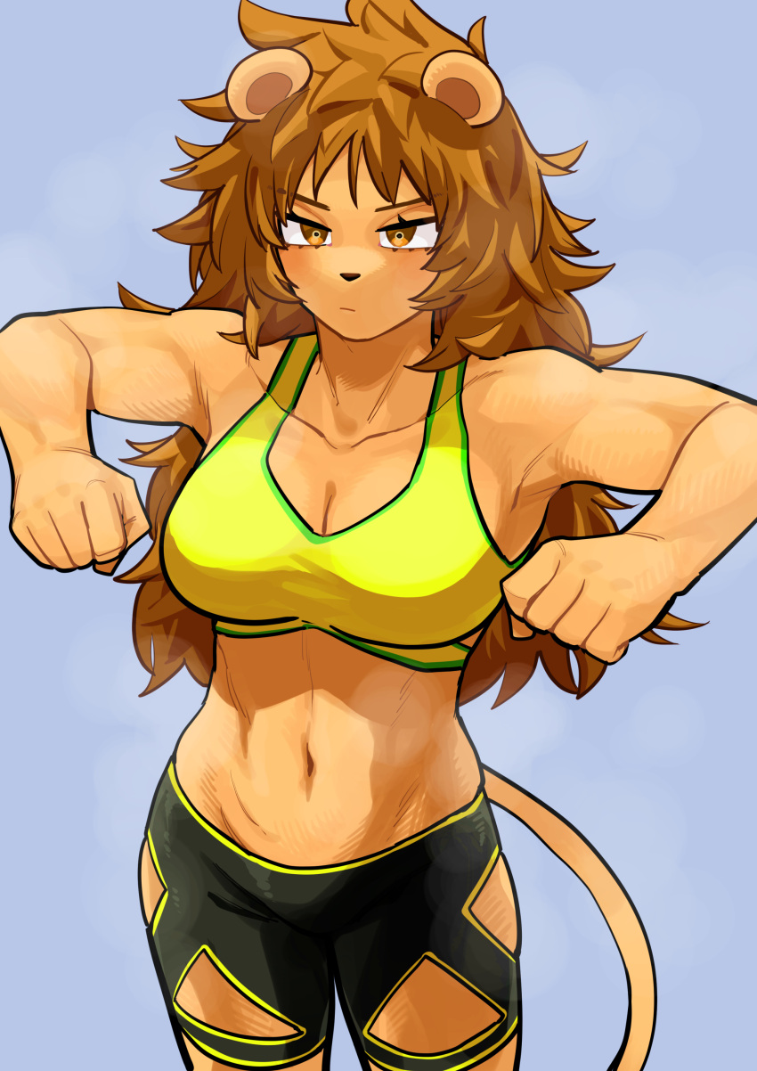 1girl absurdres animal_ears animal_nose black_pants blue_background bra breasts brown_eyes brown_hair cleavage clenched_hands closed_mouth clothing_cutout collarbone furry furry_female highres hip_vent kanke_(kank06020602) lion_ears lion_girl lion_tail long_hair lowleg lowleg_pants messy_hair navel original pants serious simple_background solo sports_bra sportswear stomach stretching tail toned underwear yellow_bra