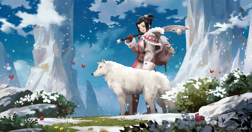 1girl agrafl animal backpack bag bird black_hair blue_sky bug bush butterfly cloud coat day english_commentary flower fur_trim gloves grass hair_bun hair_ornament hair_stick heart highres holding holding_sword holding_weapon long_sleeves mountain open_mouth original outdoors over_shoulder rock scenery short_hair sidelocks single_hair_bun sky snow snowing solo standing sword weapon weapon_over_shoulder white_bird wolf