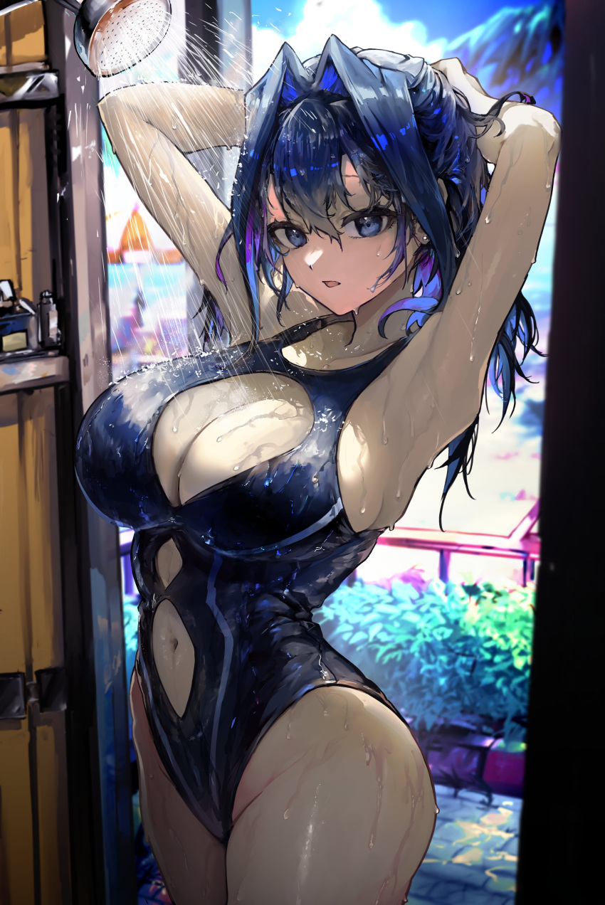 1girl absurdres armpits arms_behind_head arms_up blue_eyes blue_hair blue_one-piece_swimsuit blurry blurry_background breasts bush casual_one-piece_swimsuit cleavage cleavage_cutout clothing_cutout commentary cowboy_shot cutout_above_navel day english_commentary hair_between_eyes hair_intakes highleg highleg_swimsuit highres hololive hololive_english large_breasts looking_at_viewer navel navel_cutout one-piece_swimsuit ouro_kronii outdoors parted_lips short_hair showering standing swimsuit virtual_youtuber vyragami wet wet_clothes wet_hair wet_swimsuit