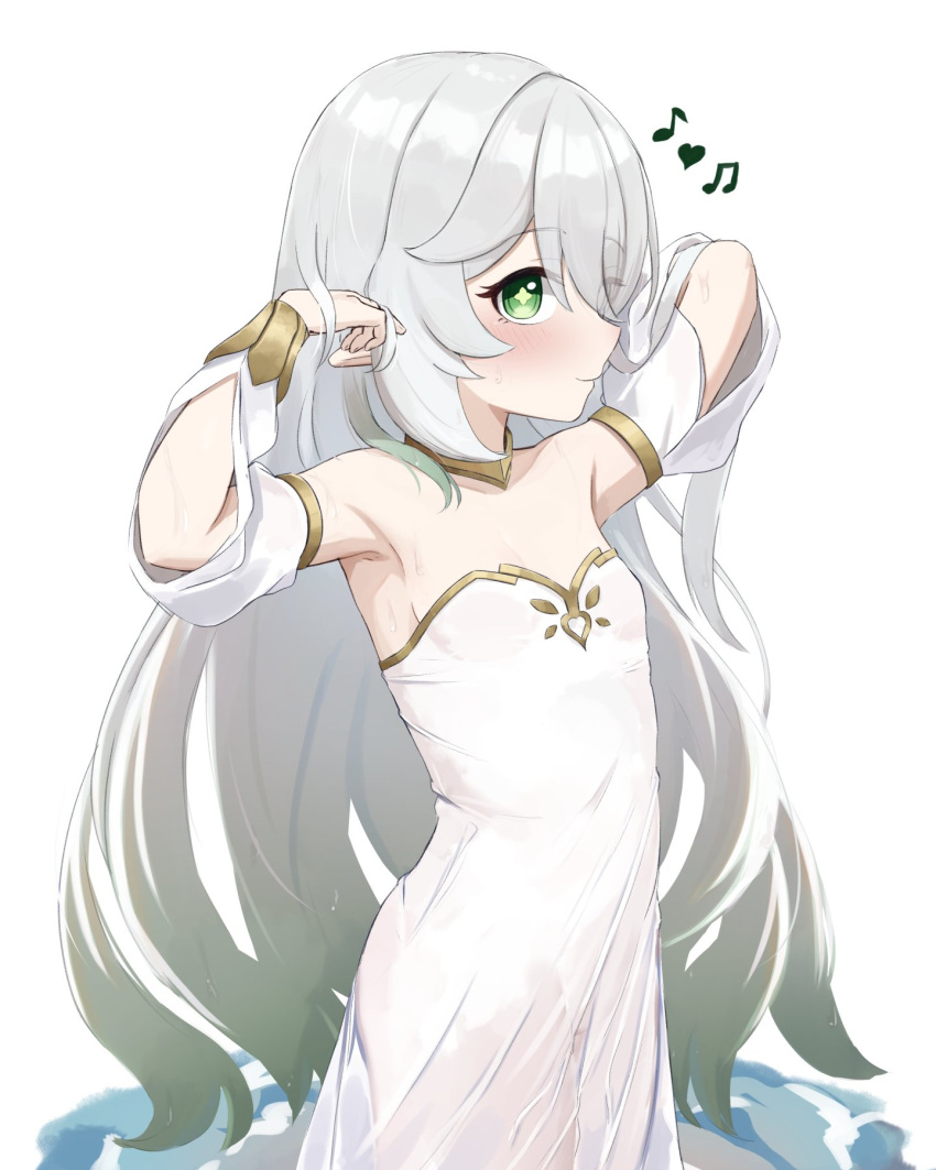1girl arms_up beamed_eighth_notes blush cross-shaped_pupils detached_sleeves dress eighth_note elbow_cutout english_commentary flat_chest genshin_impact green_eyes grey_hair hair_down hair_over_one_eye highres long_hair looking_at_viewer mockingeu musical_note nahida_(genshin_impact) pointy_ears simple_background smile solo symbol-shaped_pupils very_long_hair white_background white_dress