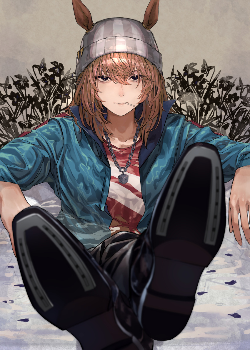 1girl absurdres animal_ears beanie black_eyes blue_jacket brown_background brown_hair chain_necklace crossed_legs dice_pendant feet_up footwear_focus grey_hat hair_between_eyes hat highres horse_ears horse_girl horseshoe jacket jewelry long_hair long_sleeves looking_at_viewer nakayama_festa_(umamusume) necklace oshiri_seijin red_shirt shirt slouching solo striped_clothes striped_headwear textless_version umamusume