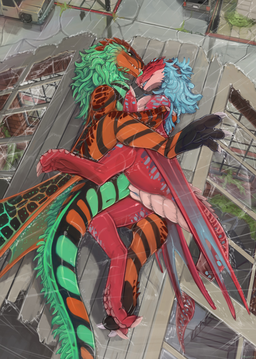 absurd_res claws detailed_background digital_media_(artwork) dragon duo embrace european_mythology eyes_closed female female/female feral feral_on_feral fingerprint_(artist) genitals green_hair hair hi_res high-angle_view licking membrane_(anatomy) membranous_wings multicolored_body mythological_creature mythological_scalie mythology open_mouth orange_body outside pseudo_hair pussy raining red_body scalie sex sex_in_the_rain smile tail teal_hair tentacle_hair tentacles tongue tribadism two_tone_body vaginal western_dragon wings wyvern