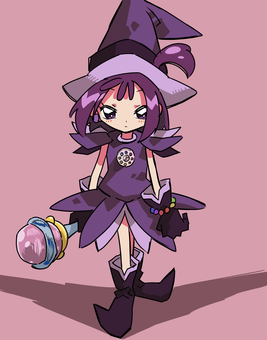 1girl absurdres chieo closed_mouth dress earrings full_body gloves hat highres holding holding_wand jewelry looking_at_viewer magical_girl ojamajo_doremi one_side_up pink_background pointy_footwear purple_dress purple_eyes purple_footwear purple_gloves purple_hair segawa_onpu short_hair simple_background solo standing wand witch_hat