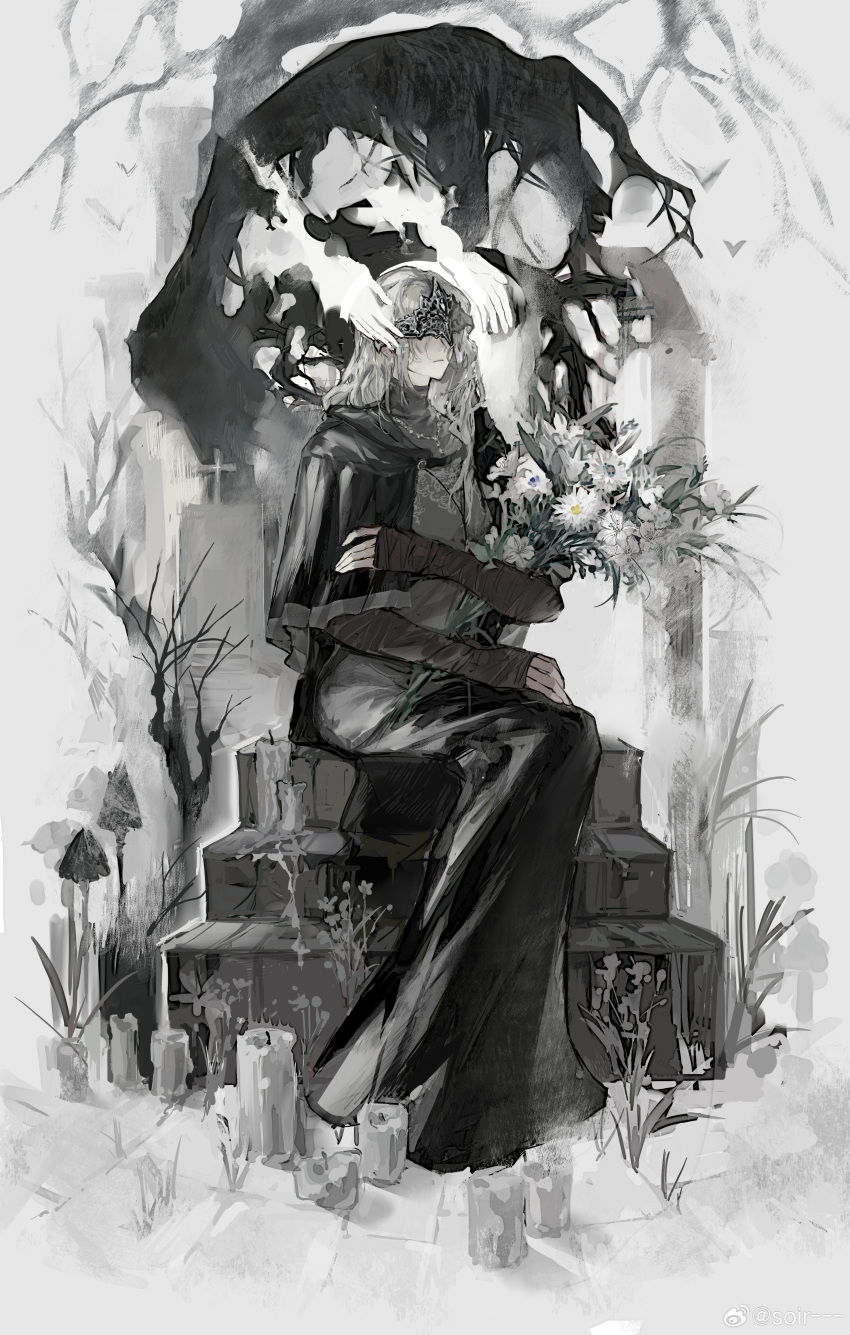 1girl absurdres bare_tree black_capelet black_robe blindfold bouquet candle capelet chinese_commentary commentary_request covered_eyes dark_souls_(series) dark_souls_iii expressionless facing_viewer fire_keeper flower from_side full_body ghost_hands grey_hair highres holding holding_bouquet limited_palette medium_hair niutoutou outdoors robe sitting sleeves_past_wrists solo stairs tombstone tree weibo_logo weibo_username white_flower