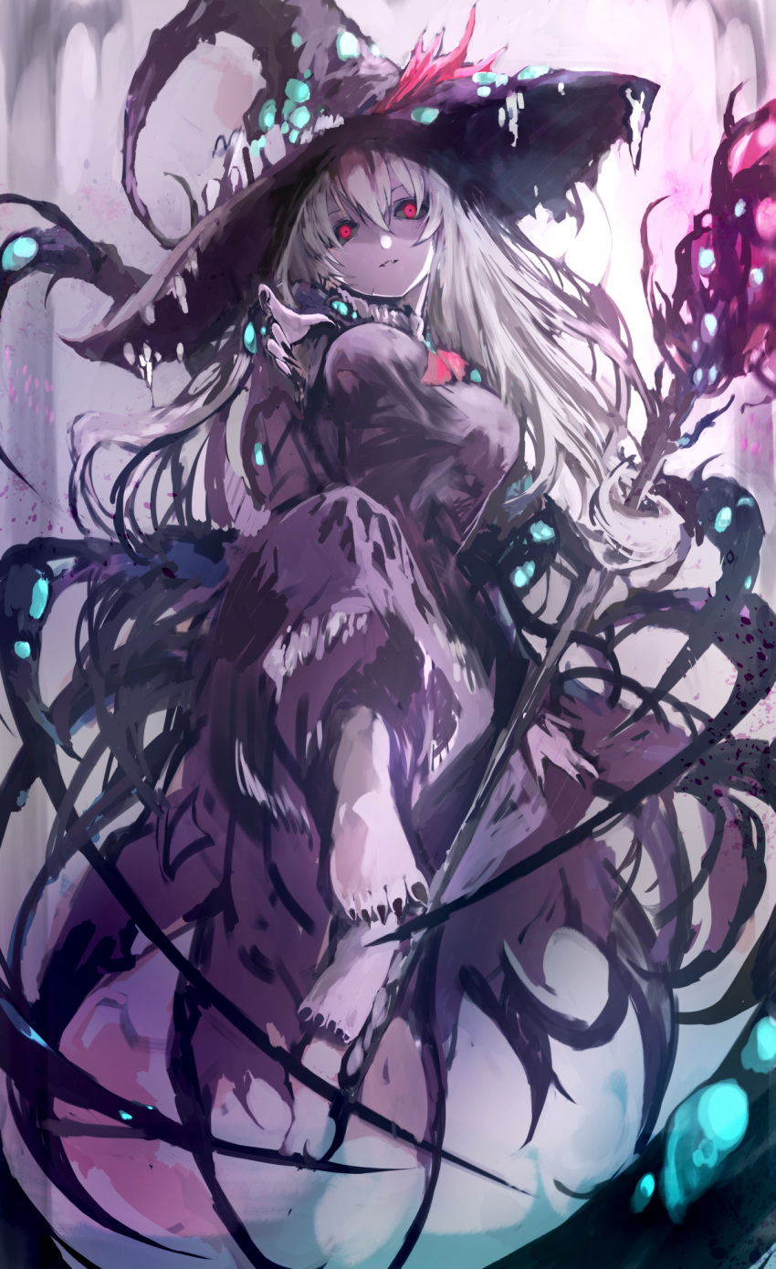 1girl barefoot black_nails black_sclera colored_sclera dark_witch_eleine dress ender_lilies_quietus_of_the_knights floating grey_hair hat highres holding holding_staff kakuwashi light_smile long_hair looking_at_viewer parted_lips purple_dress purple_hat red_eyes sketch solo staff witch witch_hat