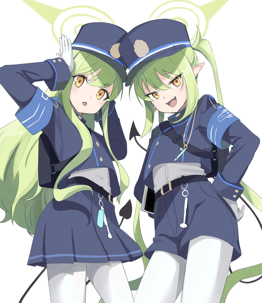 2girls ;d armband arms_up backpack bag belt blue_archive blue_armband blue_shirt character_request cowboy_shot demon_tail fang from_below green_eyes green_halo halo hands_on_own_hips hat highres holding holding_tablet_pc long_hair long_sleeves looking_at_viewer multiple_girls one_eye_closed open_mouth pantyhose peaked_cap pleated_skirt shikiama shirt shorts sidelocks simple_background skin_fang skirt smile tablet_pc tail twintails uniform white_background white_pantyhose white_shirt yellow_eyes