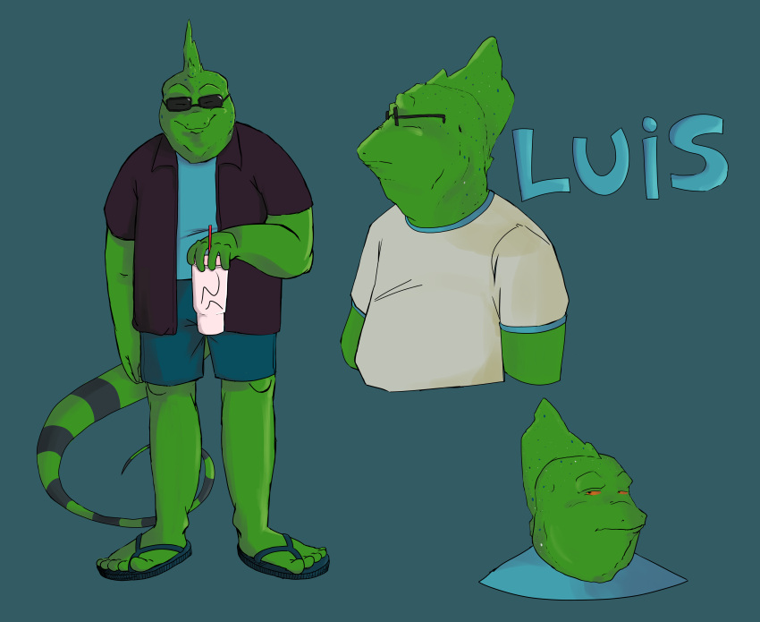 absurd_res clothing container cup disposable_cup eyewear flip_flops footwear helmeted_lizard hi_res lizard luis_(varanoidea) male model_sheet overweight reptile sandals scalie sunglasses varanoidea_(artist)