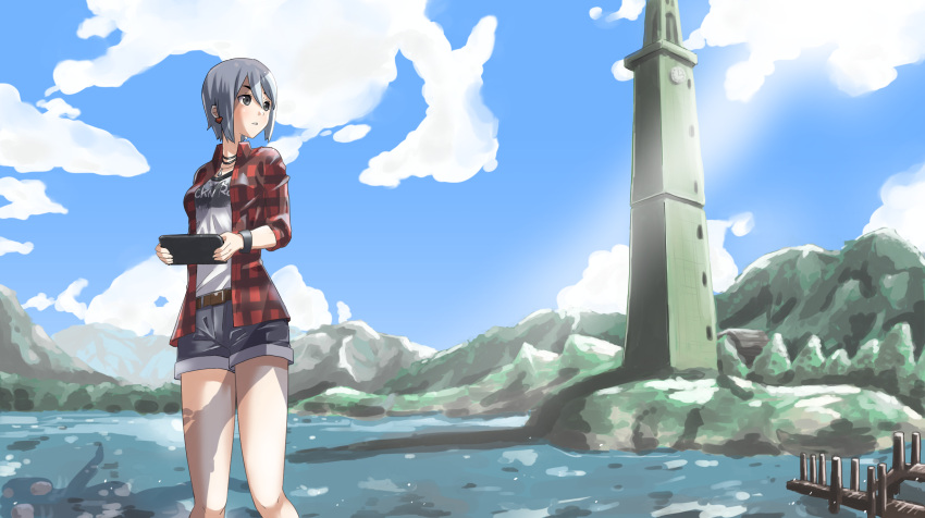 1girl another_code ashley_mizuki_robbins belt clock cloud collar device dock earrings grey_eyes highres jewelry lighthouse mountain nitouhei scenery shirt short_hair shorts t-shirt wristband