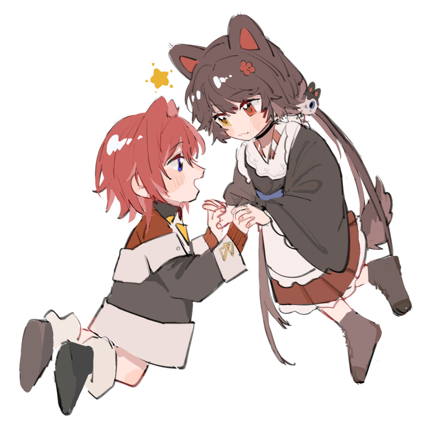 2girls ange_katrina animal_ears apron black_dress black_jacket blue_eyes blush boots brown_footwear brown_hair cat_ears chinese_commentary commentary_request dog_girl dog_tail dress flower hair_flower hair_ornament heterochromia highres holding_hands interlocked_fingers inui_toko jacket lingyi long_sleeves multiple_girls nijisanji open_mouth red_eyes red_flower red_hair red_shirt red_skirt shirt short_hair simple_background skirt smile star_(symbol) tail twintails virtual_youtuber white_apron white_background yellow_eyes yuri