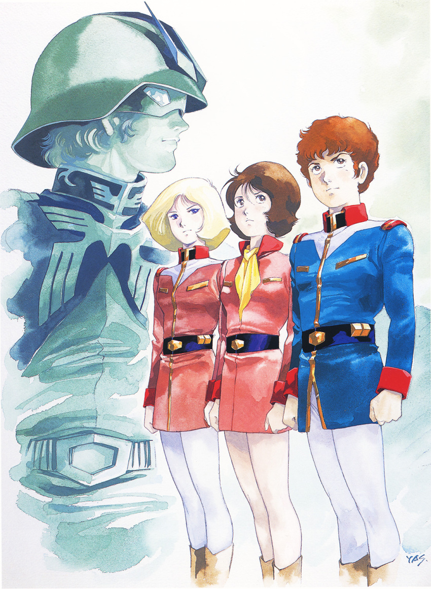 1970s_(style) 1980s_(style) 2boys 2girls amuro_ray belt blonde_hair boots brown_hair char_aznable earth_federation fraw_bow ghost gundam highres looking_ahead mobile_suit_gundam multiple_boys multiple_girls painting_(medium) production_art promotional_art retro_artstyle sayla_mass scan scarf signature traditional_media uniform watercolor_(medium) yasuhiko_yoshikazu yellow_scarf zeon