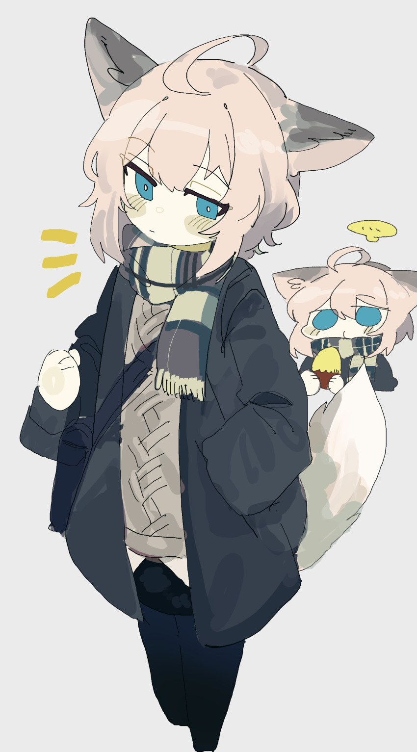 ... 1girl absurdres ahoge animal_ears arknights bag bell black_coat black_jacket black_thighhighs blue_eyes blush blush_stickers bright_pupils brown_hair cable_knit chibi closed_mouth coat cropped_legs eating food fox_ears fox_girl fox_tail green_scarf hand_in_pocket highres holding jacket long_sleeves looking_at_viewer multiple_views no_pupils notice_lines odmised open_clothes open_coat open_jacket scarf short_hair shoulder_bag simple_background speech_bubble spoken_ellipsis striped_clothes striped_scarf sussurro_(arknights) sweater sweet_potato tail thighhighs white_background white_pupils