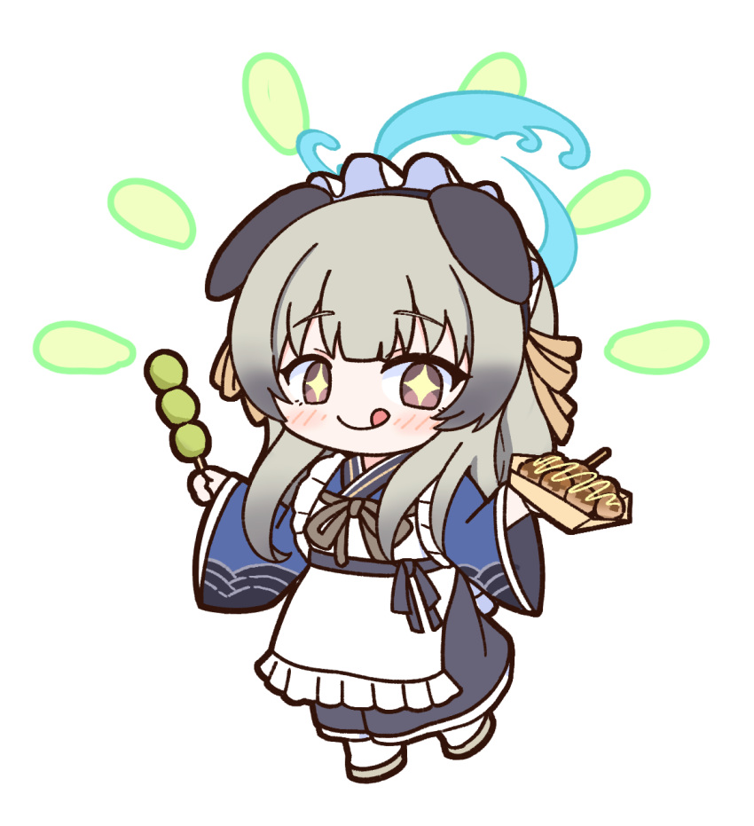 +_+ 1girl :q achilles_(yosshyachillesd) apron blue_archive blue_halo blue_kimono blush brown_eyes closed_mouth dango food frilled_apron frills full_body grey_hair halo highres holding holding_food japanese_clothes kimono long_hair long_sleeves simple_background smile socks solo takoyaki tongue tongue_out umika_(blue_archive) wagashi white_apron white_background white_socks wide_sleeves