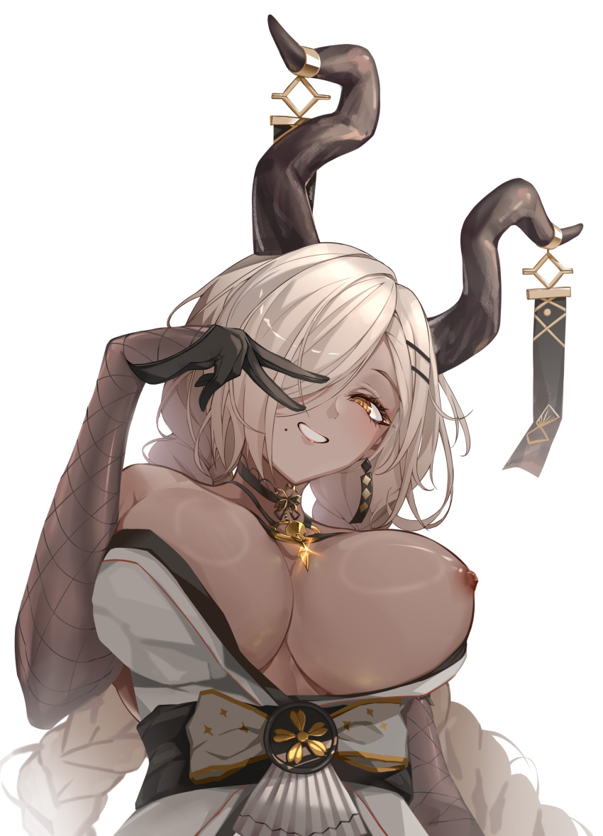 1girl absurdres azur_lane black_gloves black_horns braid breasts commentary dark-skinned_female dark_skin fishnet_sleeves from_below gloves hair_over_one_eye highres horn_ornament horns jinjidejidanhuang large_breasts long_hair long_sleeves mole mole_under_mouth nipples one_breast_out orange_eyes owari_(azur_lane) simple_background smile solo twin_braids upper_body very_long_hair white_background