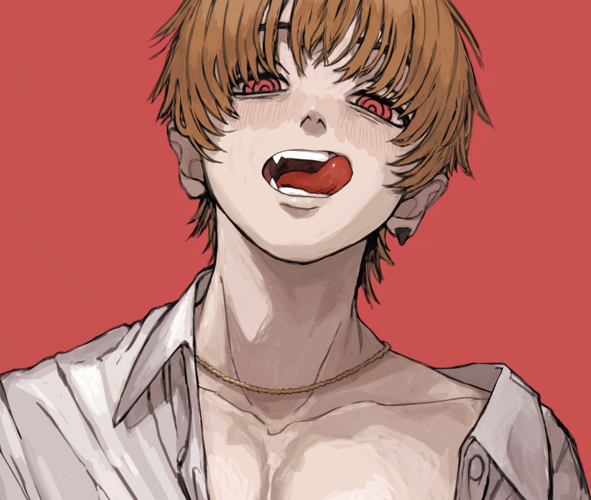 1boy blush clothes_pull collarbone collared_shirt crazy_eyes ear_piercing fangs gakudayo head_tilt highres jewelry licking_lips looking_at_viewer looking_down male_focus necklace orange_hair original parted_lips pectoral_cleavage pectorals piercing portrait red_background red_eyes shirt shirt_pull short_hair simple_background solo teeth tongue tongue_out white_shirt