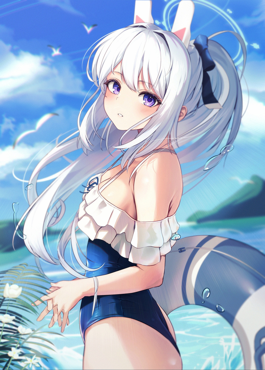 1girl absurdres animal animal_ears ass bare_arms bare_legs bare_shoulders bird blue_archive blue_halo blue_one-piece_swimsuit blush breasts casual_one-piece_swimsuit chiu538 cowboy_shot day fake_animal_ears frilled_one-piece_swimsuit frills hair_between_eyes halo highres innertube long_hair looking_at_viewer miyako_(blue_archive) miyako_(swimsuit)_(blue_archive) off-shoulder_one-piece_swimsuit off_shoulder official_alternate_costume official_alternate_hairstyle one-piece_swimsuit open_mouth outdoors ponytail purple_eyes rabbit_ears seagull small_breasts solo swim_ring swimsuit white_hair