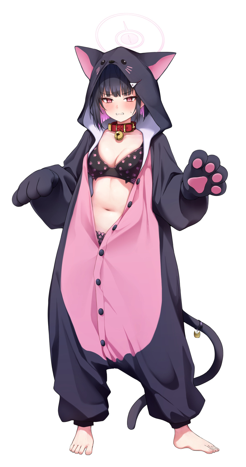 1girl absurdres animal_collar animal_costume barefoot bell black_hair black_panties blue_archive blush breasts buttons cat_costume cat_tail clenched_teeth collar full_body halo highres kazusa_(blue_archive) korean_commentary large_breasts long_sleeves looking_at_viewer navel neck_bell panties pink_halo red_eyes short_hair simple_background solo tail teeth toes underwear white_background yn_6262