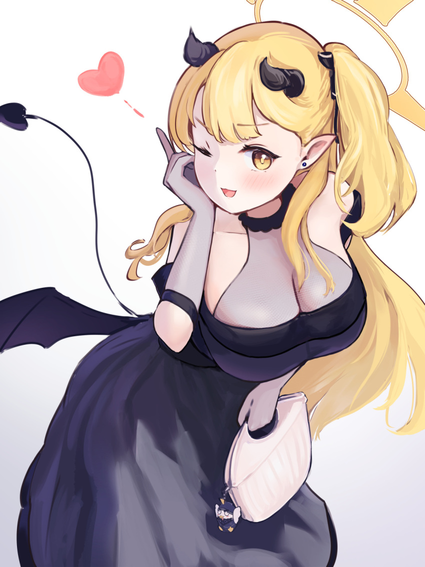 1girl aged_up alternate_breast_size bag black_dress black_gloves black_horns black_tail black_wings blonde_hair blue_archive blush breasts cleavage demon_horns demon_tail demon_wings dress gloves gradient_background halo heart highres holding holding_bag horns ibuki_(blue_archive) ibuki_(dress)_(blue_archive) large_breasts long_hair looking_at_viewer official_alternate_costume one_eye_closed open_mouth peroro_(blue_archive) pointy_ears ryh4 sheer_gloves side_ponytail smile solo tail wings yellow_eyes yellow_halo