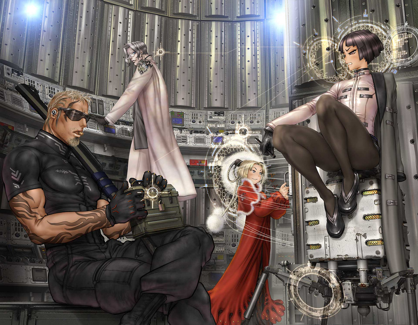 2girls ammunition black_legwear bodysuit capelet cartridge clenched_teeth cyberpunk dead_drive glasses glint gun halo hat highres holding holding_gun holding_weapon lock machinery mecha mouth_hold multiple_boys multiple_girls muscle open_mouth pantyhose pom_pom_(clothes) rifle santa_costume shirou_masamune sitting suitcase sunglasses tate_eboshi tattoo teeth terminal thighs uniform weapon