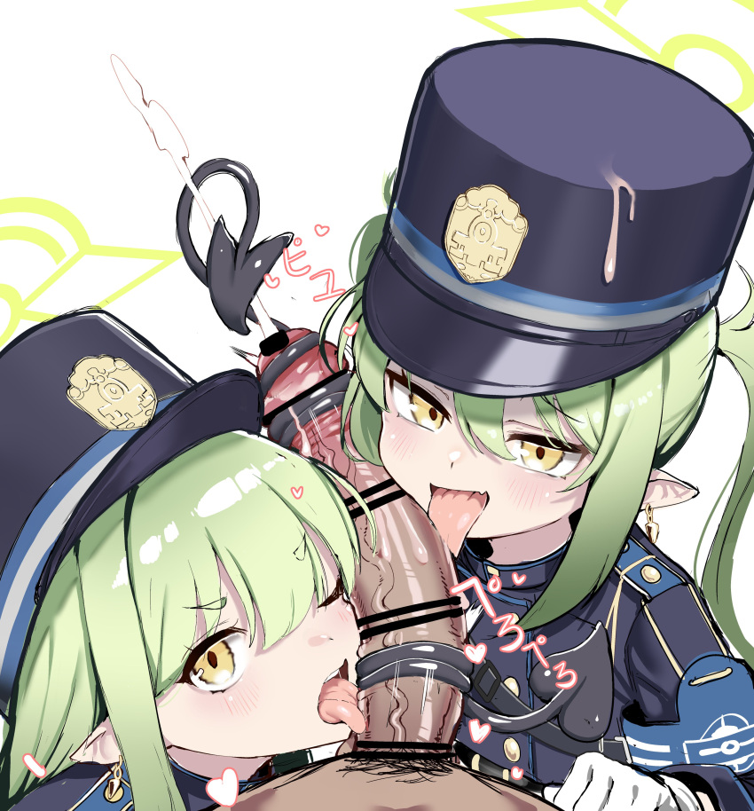 1boy 2girls absurdres bar_censor black_hat black_tail blue_archive censored demon_tail fellatio green_hair green_halo halo highres licking licking_penis long_hair multiple_girls one_eye_closed oral penis pointy_ears revision simple_background tail tail_wrap teriibol tongue tongue_out twintails white_background yellow_eyes