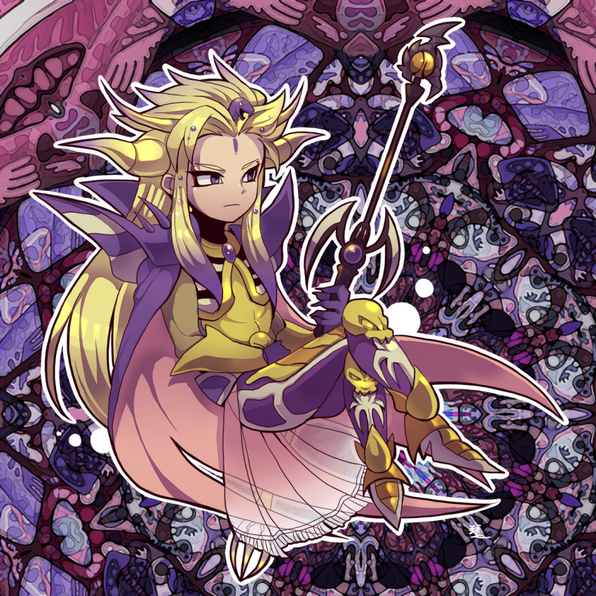 1boy abstract_background armor cape closed_mouth commentary_request crossed_legs emperor_(ff2) final_fantasy final_fantasy_ii floating full_body highres holding holding_staff horns kotorai male_focus purple_armor purple_cape purple_eyes shoulder_spikes sidelocks solo spikes staff yellow_horns