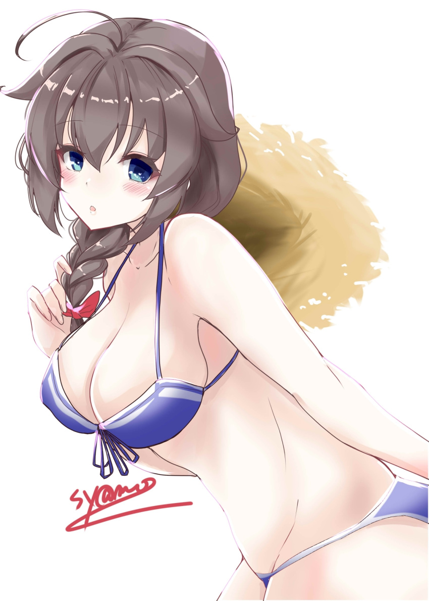 1girl ahoge bikini black_hair blue_bikini blue_eyes braid breasts cleavage hair_flaps hair_over_shoulder hat highres kantai_collection large_breasts long_hair official_alternate_costume shamo_(ptwmjgda) shigure_(kancolle) shigure_kai_san_(kancolle) shigure_kai_san_(swimsuit)_(kancolle) simple_background single_braid solo straw_hat sun_hat swimsuit twitter_username white_background