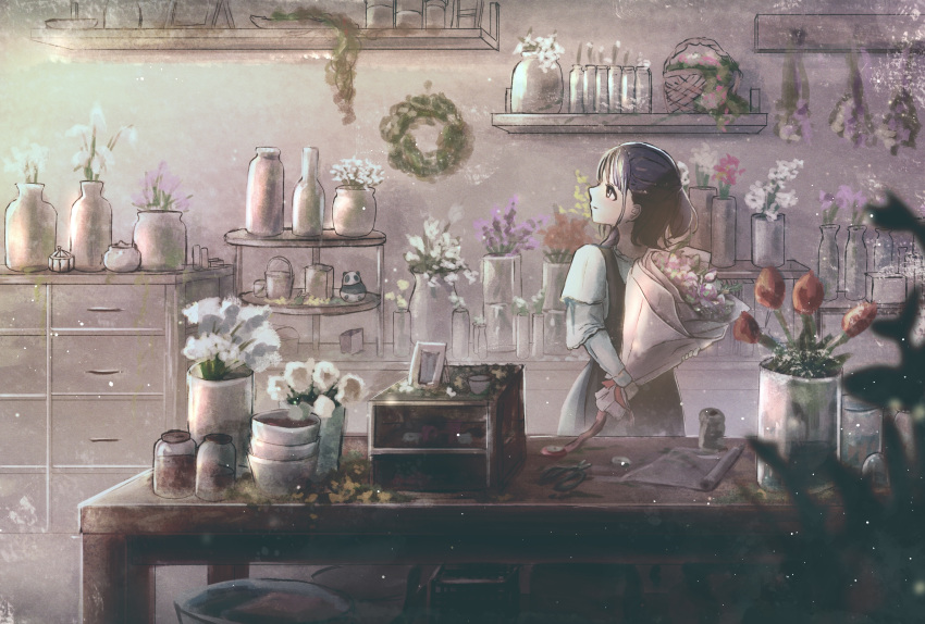 1girl black_eyes black_hair bottle bouquet commentary_request drawer dress florist flower flower_shop highres holding holding_bouquet indoors jar long_sleeves medium_hair original plant potted_plant profile red_flower red_rose rose shelf shirt shop solo standing table tsukushi_miwo vase white_shirt wreath