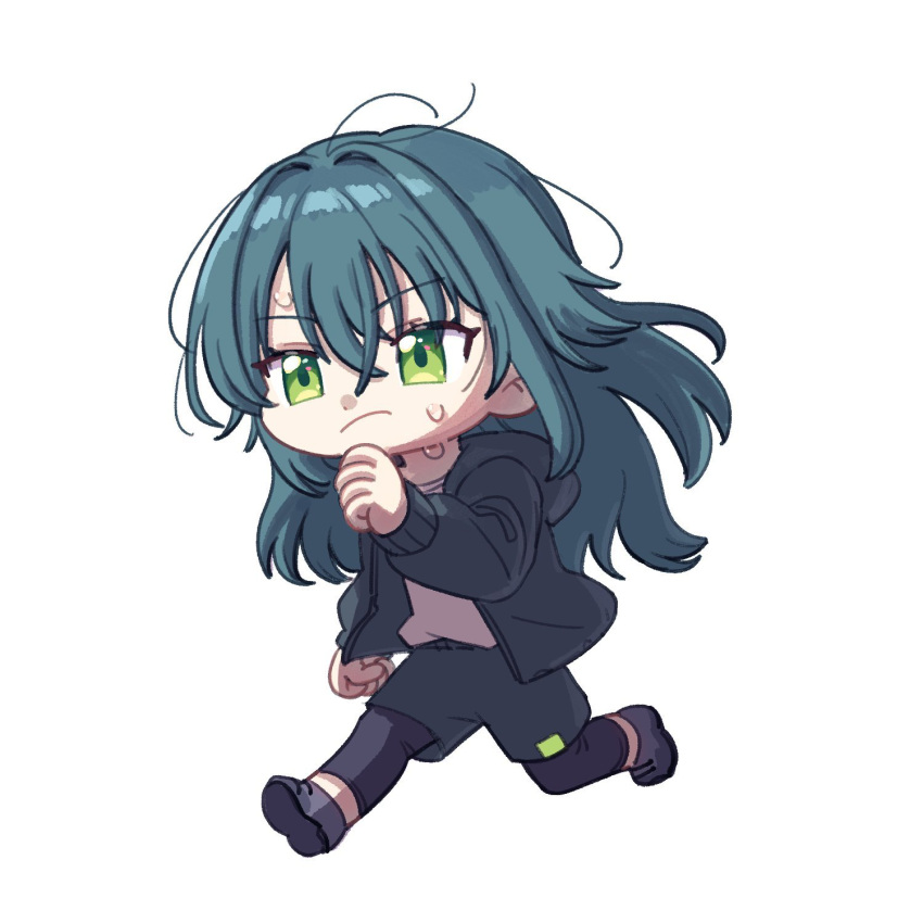 1girl aqua_hair black_jacket chibi chibi_only clenched_hands full_body gakuen_idolmaster green_eyes highres hobgoblin-kim hood hooded_jacket idolmaster jacket leggings_under_shorts looking_ahead running simple_background solo sweat tsukimura_temari white_background