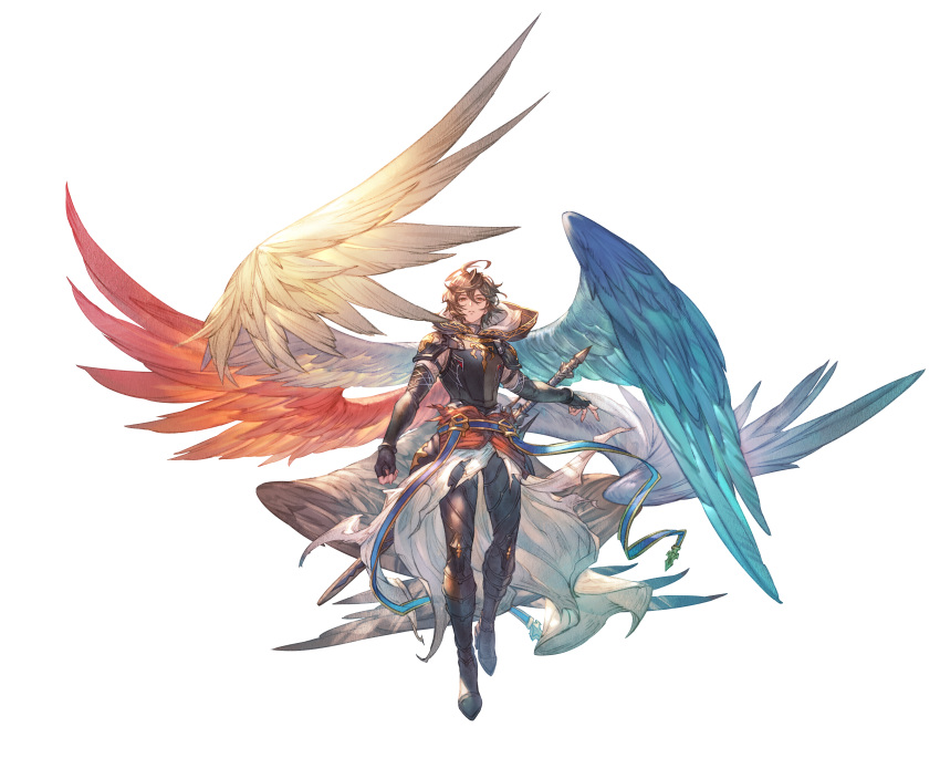 1boy absurdres ahoge armor belt bishounen blue_belt blue_wings breastplate brown_hair brown_wings cape clenched_hand english_commentary facing_viewer feathered_wings fingerless_gloves full_body game_cg gloves granblue_fantasy granblue_fantasy:_relink highres hood hood_down looking_up male_focus messy_hair minaba_hideo multiple_wings official_art pants red_eyes red_wings sandalphon_(granblue_fantasy) short_hair solo_focus straight-on tachi-e third-party_source tight_clothes tight_pants transparent_background white_cape white_wings wings