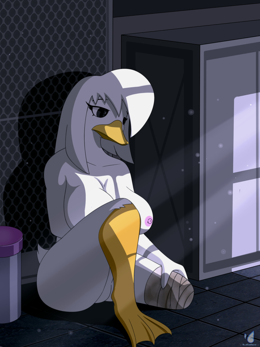 absurd_res accident_survivor amputated_leg amputee anatid anseriform anthro avian bandage bandaged_leg big_breasts bird blueondrive breasts della_duck disability disney duck duck_footed ducktales ducktales_(2017) emotional female hi_res holding_leg leg_stump lost_in_thought missing_leg missing_limb nipples non-mammal_breasts non-mammal_nipples nude pink_nipples rocket_ship sad sitting sitting_on_ground solo space tired_expression tired_eyes tired_look
