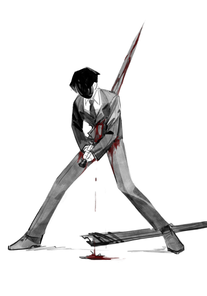 1boy absurdres beeeeeebird blood blood_on_clothes blood_on_weapon collared_shirt full_body highres holding holding_sword holding_weapon impaled library_of_ruina male_focus necktie pants project_moon roland_(project_moon) sheath shirt shoes simple_background solo spot_color stab suicide suit sword unsheathing weapon