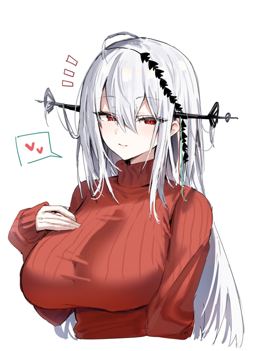 1girl arknights breasts closed_mouth commentary_request heart highres horn/wood large_breasts long_hair long_sleeves looking_at_viewer phoenix_crown pointy_hat red_eyes red_sweater ribbed_sweater simple_background skadi_(arknights) skadi_the_corrupting_heart_(arknights) sleeves_past_wrists smile solo spoken_heart sweater turtleneck turtleneck_sweater upper_body white_background white_hair