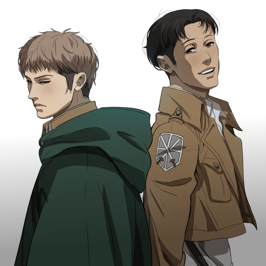 2boys back-to-back black_hair brown_hair freckles from_side highres jean_kirstein male_focus marco_bott mourning multiple_boys open_mouth paradis_military_uniform shingeki_no_kyojin short_hair sideburns smile spoilers thick_eyebrows upper_body valmendy yaoi