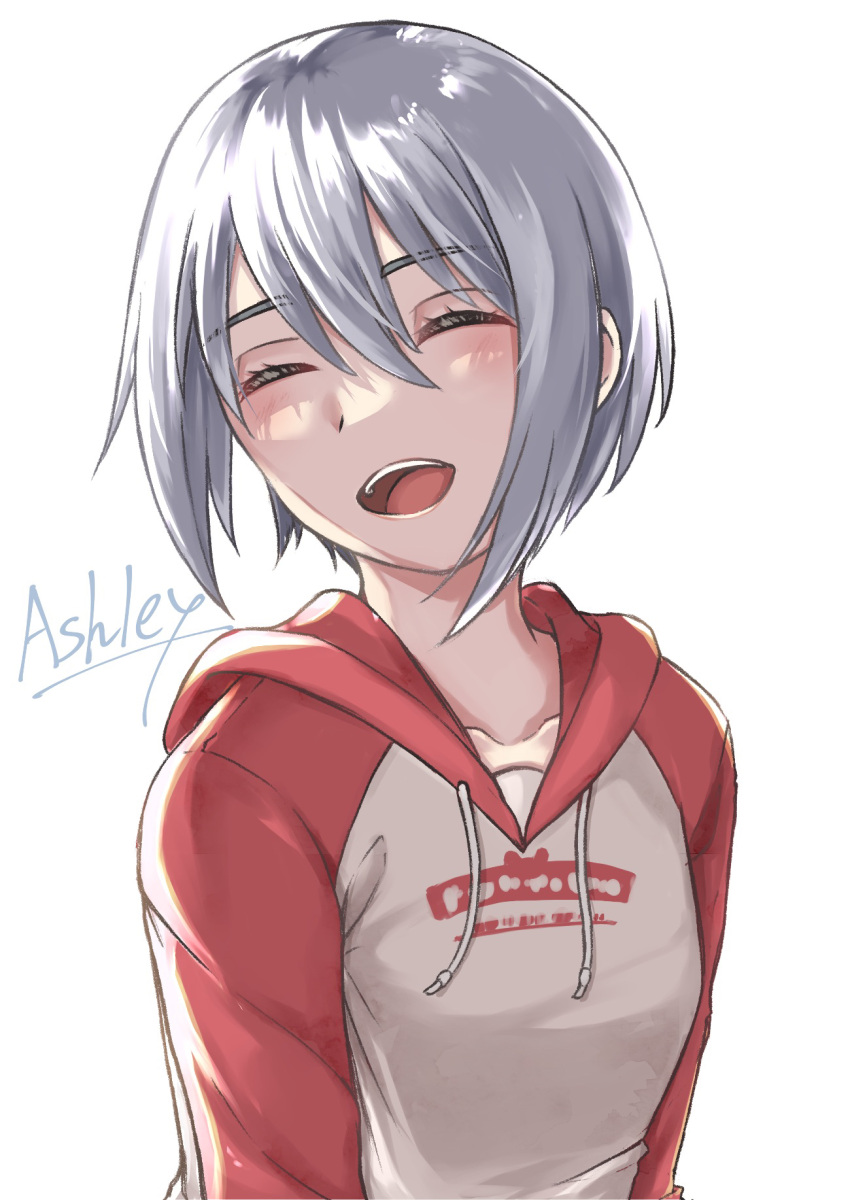 1girl ^_^ another_code another_code_recollection ashley_mizuki_robbins blush character_name closed_eyes happy highres open_mouth rei_rei_9 short_hair simple_background sweater white_hair