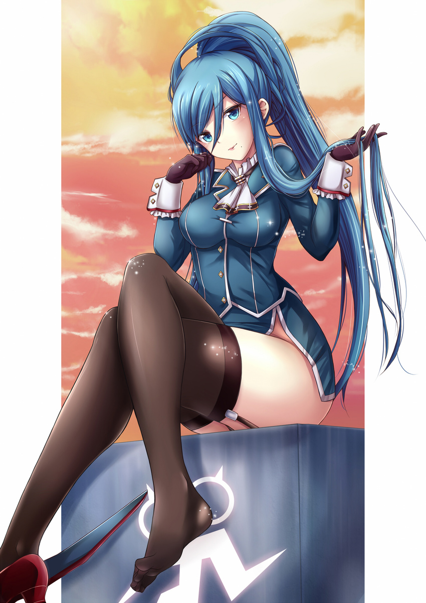 aoki_hagane_no_arpeggio black_legwear blue_eyes blue_hair breasts cloud cosplay crossed_legs garter_straps gloves highres impossible_clothes impossible_shirt kantai_collection large_breasts legs long_hair long_legs military military_uniform mole mole_under_mouth namesake ponytail shirt shoes single_shoe sky solo sunset taka-kun takao_(aoki_hagane_no_arpeggio) takao_(kantai_collection) takao_(kantai_collection)_(cosplay) thighhighs thighs uniform