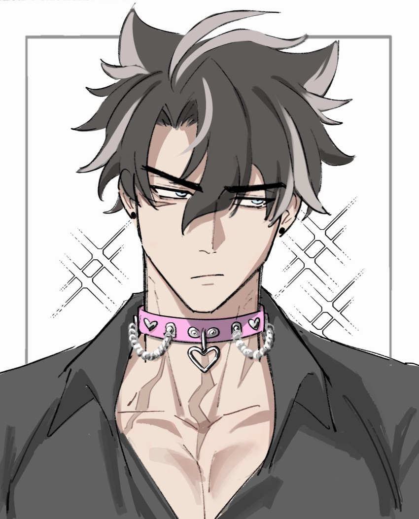 1boy acupofbread averting_eyes black_hair black_shirt blue_eyes choker closed_mouth collarbone collared_shirt commentary earrings english_commentary frown genshin_impact grey_hair hair_between_eyes heart heart_choker heart_pendant highres jewelry male_focus multicolored_hair parted_bangs pectoral_cleavage pectorals pendant pendant_choker pink_choker scar scar_on_cheek scar_on_face scar_on_neck shirt short_hair sideways_glance simple_background solo sparkle streaked_hair stud_earrings upper_body v-shaped_eyebrows white_background wing_collar wriothesley_(genshin_impact)